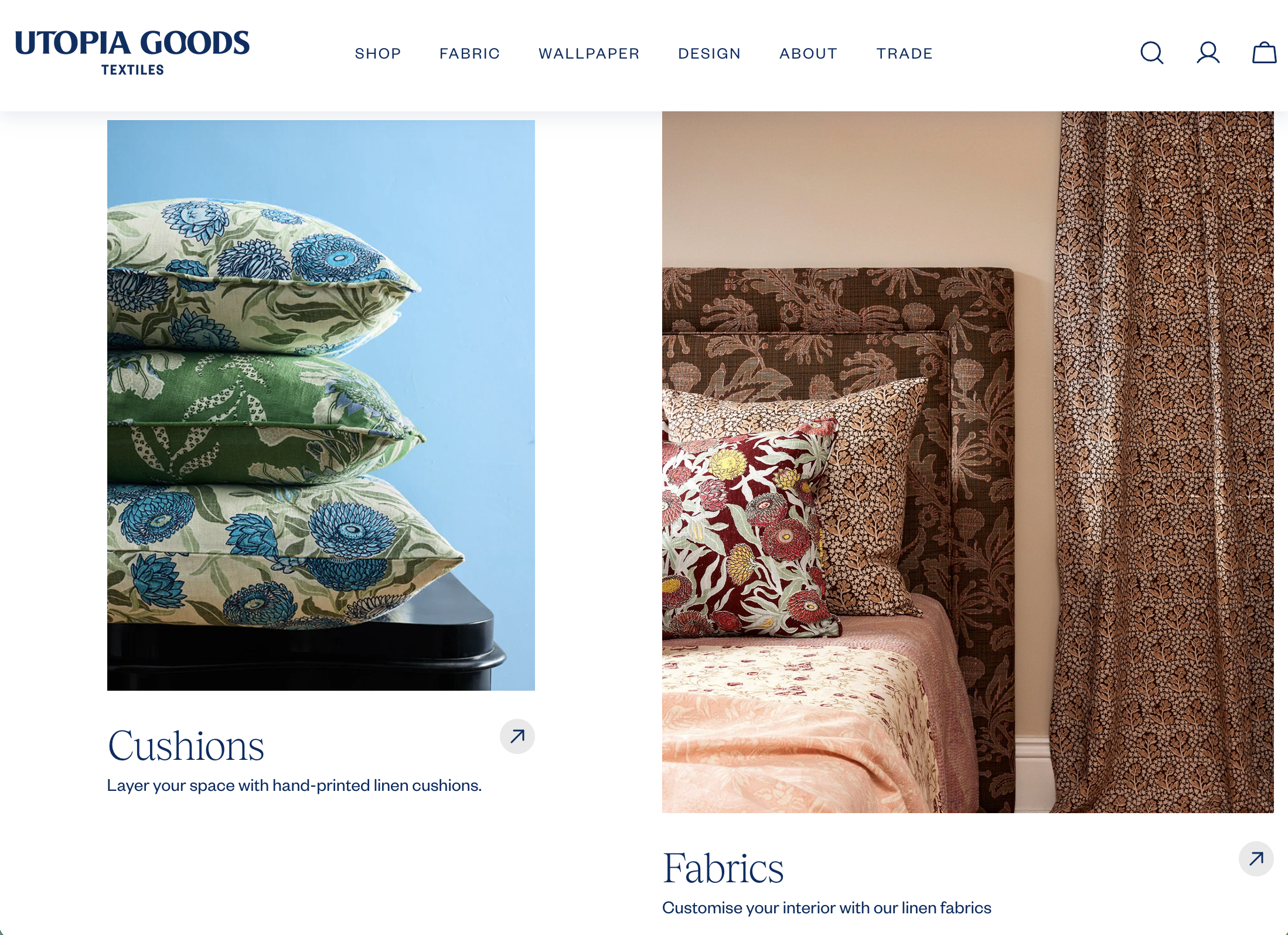 Website design example for Utopia Goods textiles.